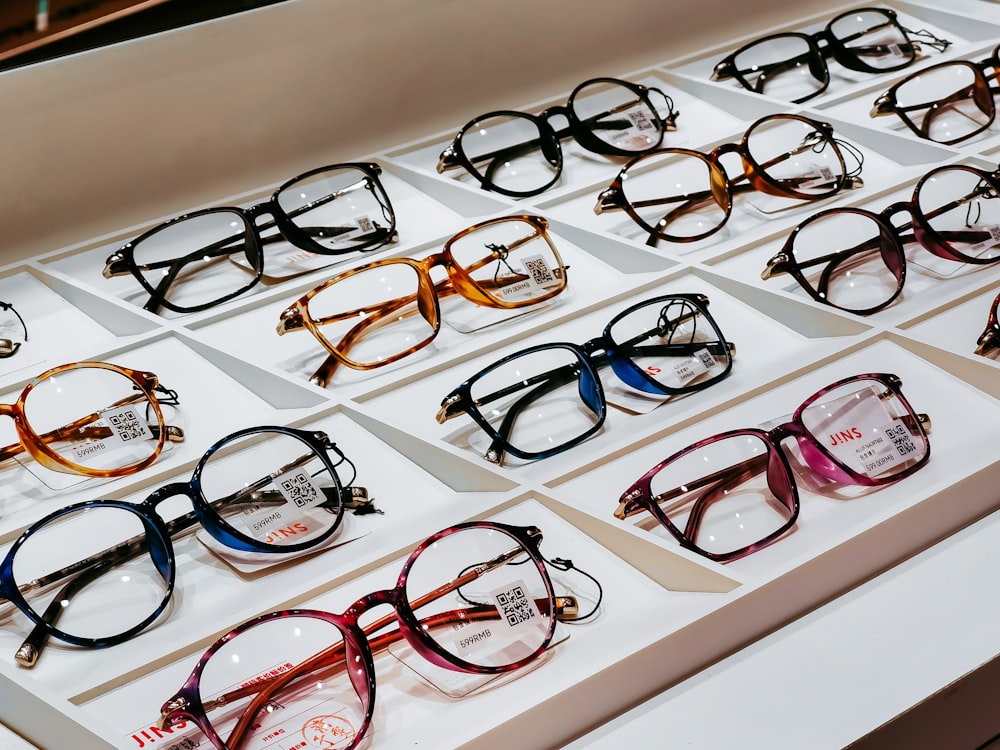 Tray display of designer optical frames in various colours