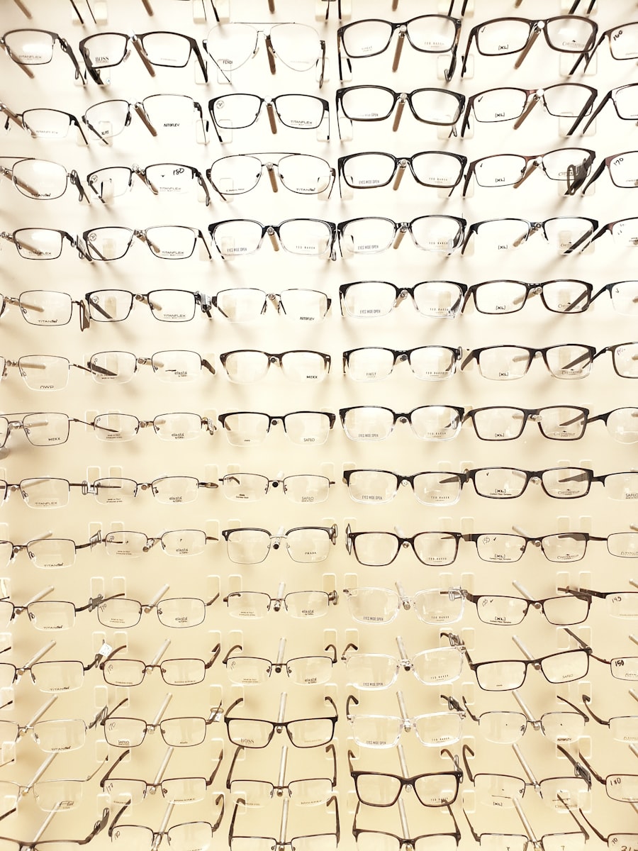 Gold-rimmed designer eyeglasses on display