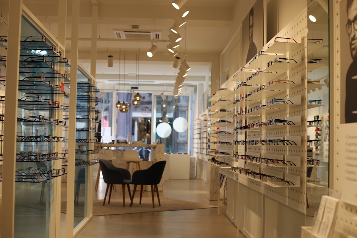 Modern interior of the LordSolace optical store with wall frame displays