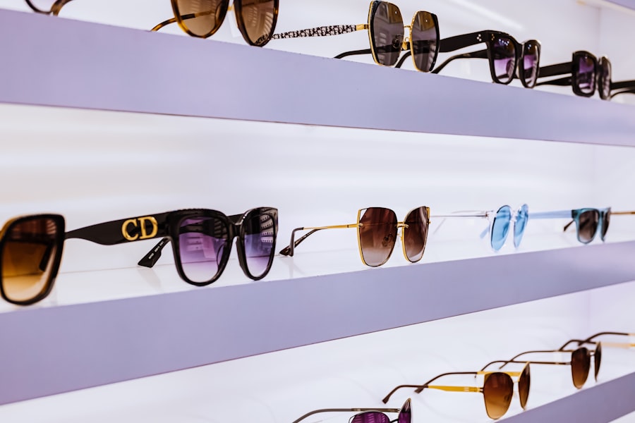 Shelf of trendy designer sunglasses